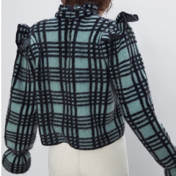 🔖 S ZARA Checked Wool Mohair Knit Sweater Green Aqua Ruffle Shoulder - Picture 9 of 16
